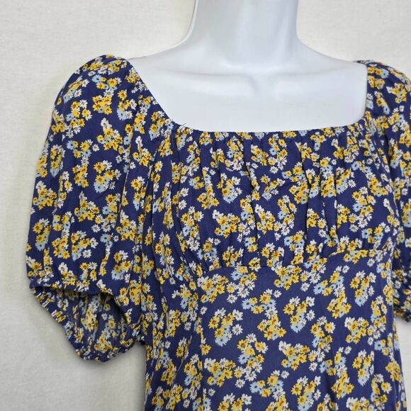 Forever 21 Blue Floral Puff Sleeve Cutout Dress L - Picture 2 of 11